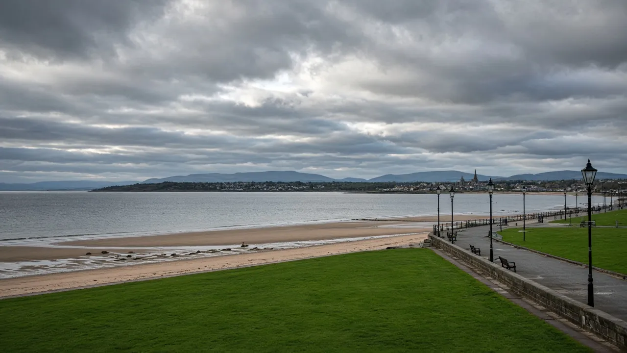 Ayr esplanade and the Low Green beside the beach under a grey Firth of Clyde sky, Ayr, South Ayrshire