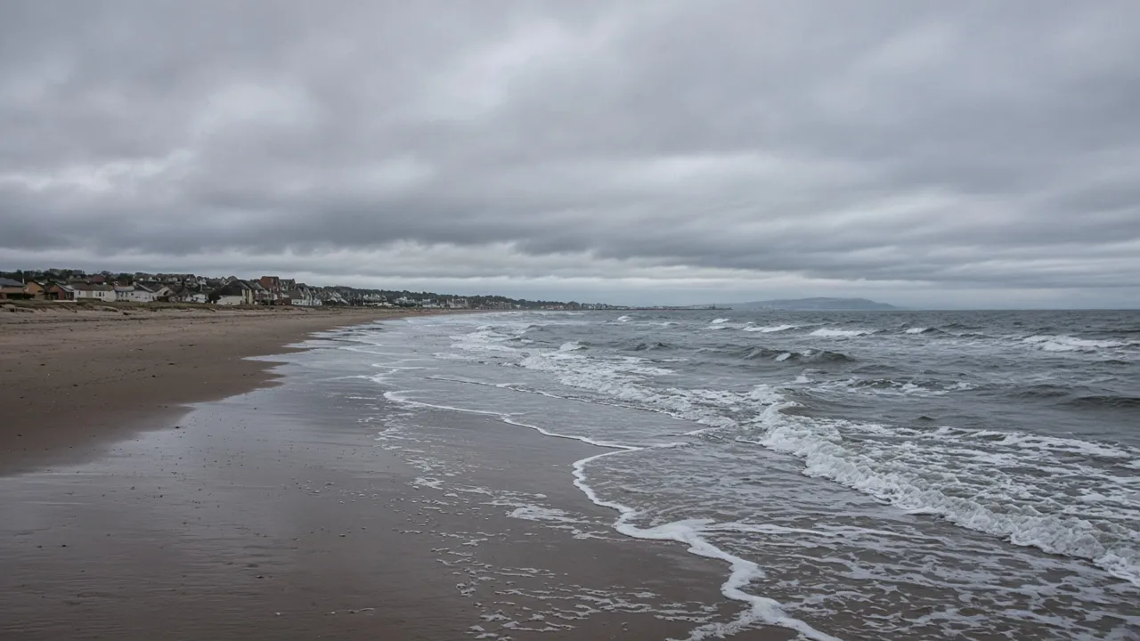 Prestwick shore with grey Firth of Clyde water, Prestwick, South Ayrshire