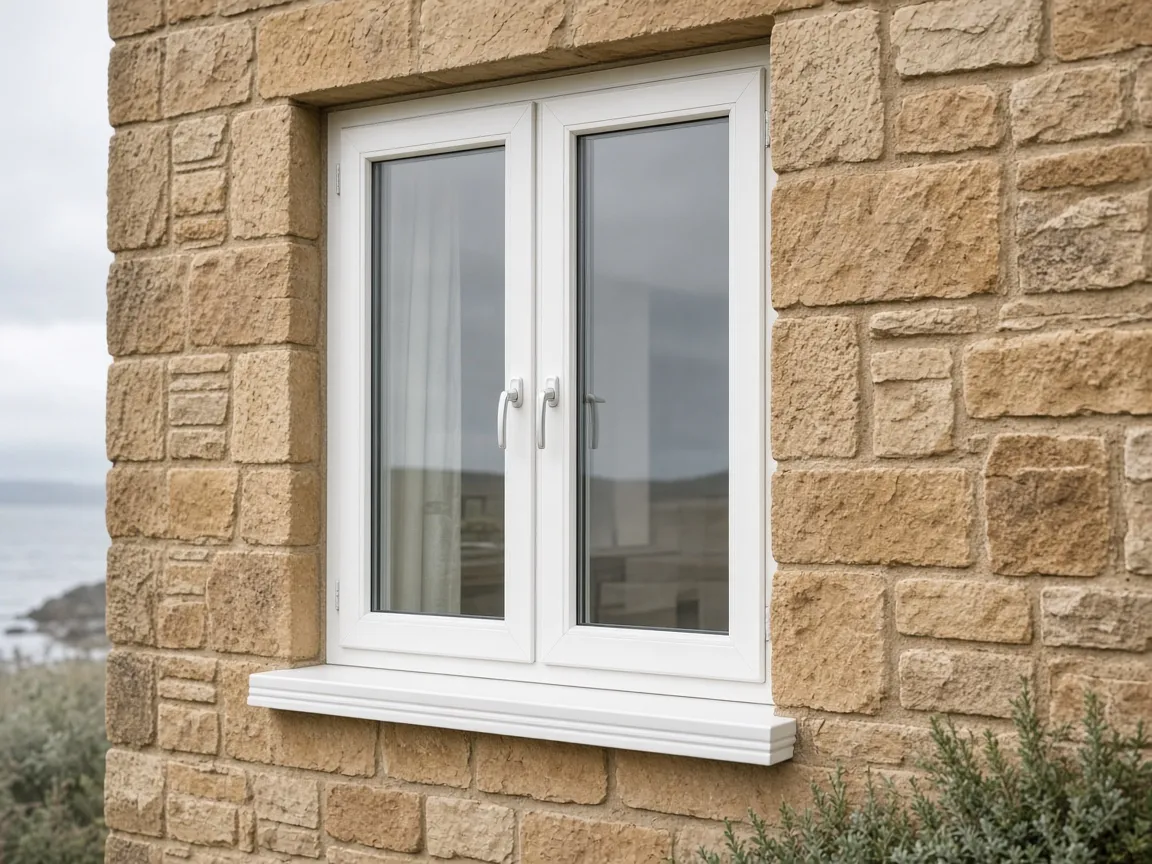 White window frame set into warm sandstone wall, Ayr, South Ayrshire atmosphere